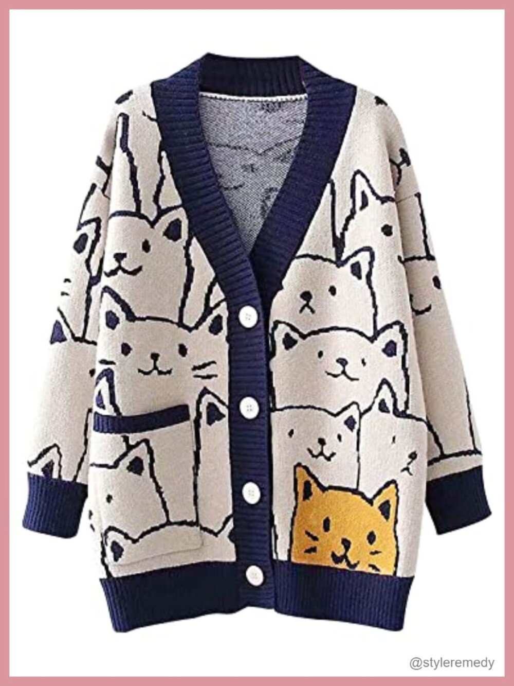 Oversized Cat Print V-Neck Knit Cardigan Button Down Kawaii Sweater